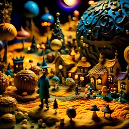 Detailed creepy landscape made of modeling clay, people, village, stars and planets, naïve, Tim Burton, strong texture, extreme detail, Max Ernst, decal, rich moody colors, sparkles, bokeh