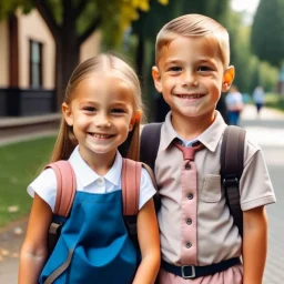 Little girl with her brother going to school and smiling at the camera