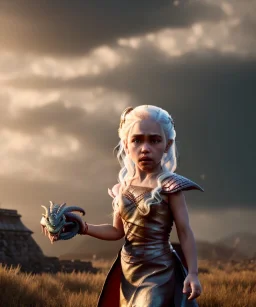 Daenerys Targaryen toddler, dragon, full body, dramatic lighting, angry, hyper realistic,