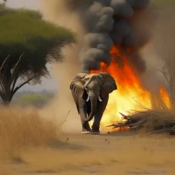elephant running away from bush fire