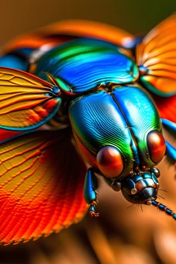 Colorful close-up of scarab wings spread open in flight