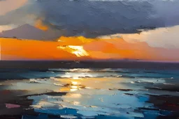 seascape with sunset by Chris bushe with thick oil and palette knife