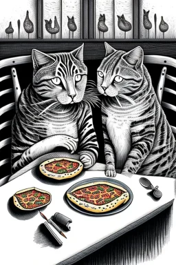 Two cats, sitting at a table, eating pizza,perfect iris, ink and pencil, style Elisabeth Kreitz