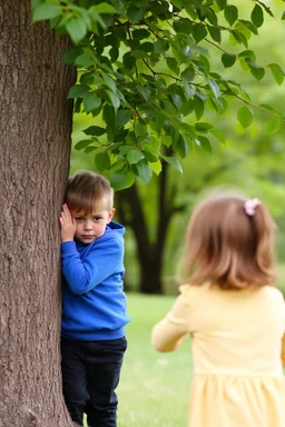 A small boy hiding behind a tree and a girl try to find him while playing hide and seek