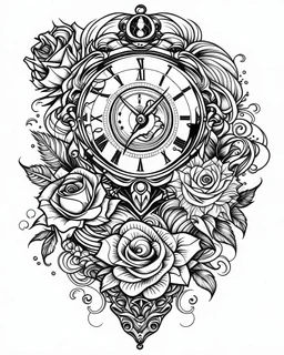 realistic time tattoo idea, line art, background, vector, svg, black outline on white background, leave plenty of white space beetween lines for coloring, tattoo style, tattoo idea,full body