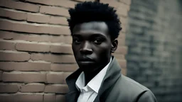 a man standing in front of a brick wall, man is with black skin, dramatic portraiture of namenlos, dramatic lighting man, dramatic intense lighting, dramatic portraiture of uuen, by Emma Andijewska, dark black skin tone, black teenage boy, posing in dramatic lighting, dark skin, sharp black skin, inspired by David Bailly