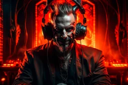 Portrait animateur radio diable cyberpunk, incendie en arrière plan