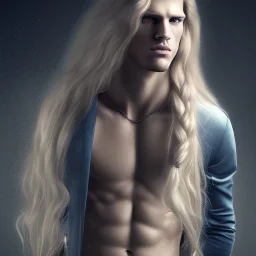  man with long blond hair, full body, sports setting, ethereal, soft lighting