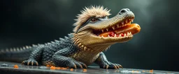 crocodile dog with fluffy hair, doing dog things and eating hot dogs