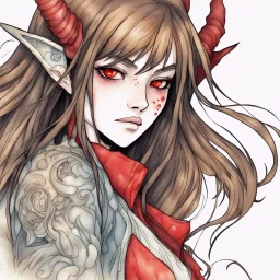 close-up headshot, defensive, female monster, long brown hair, red eyes, pointed ears, beautiful, intricately detailed, colored sketchy manga style, splotchy watercolor background