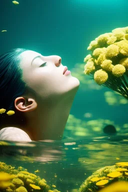 eva and adam underwater with yellow flowers for hair, closed eyes, rtx, reflection, 8k, glow, winning photography, caustics