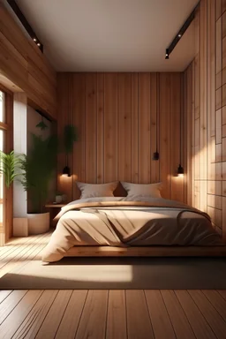Generate a small but spacious bedroom, with light, vegetation and made out of wood. A view of different perspectives