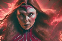 Mulher, feiticeira escarlate, rosto da atriz elizabeth olsen, rosto de wanda maximoff, cabelos ruivos, muito brava, wanda Marvel, expressão de raiva, 4k render, vilã, voando, imagem de longe, manipulando magia, raiva, corpo inteiro, olhos marcantes, mãos atirando magia do caos vermelha, cidade de destruição, cores frias, cinematográfico, dramático. Traje da wanda inspirado no filme doutor estranho no multverso da loucura da marvel, saindo magia de suas mãos,