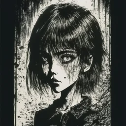 create a disturbing horror full body pen and ink sketch of a dark haired, savage, gothpunk vampire girl with highly detailed , sharply defined hair and facial features, in a dark, otherworldly London in the style of Junji Ito, precisely drawn, inked, with dramatic edges,