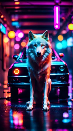 fashion wolf sitting on a hipster car parked in dark neon lit reflective wet arcade hall tunnel,bokeh like f/0.8, tilt-shift lens 8k, high detail, smooth render, down-light, unreal engine, prize winning