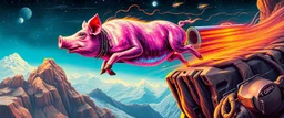 faster than a greased muscle shiny disco pig on a runaway train jumping over the cliff . speed and energy, goa trance poster