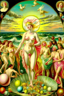 a striking painting of the birth of Venus, as she arrives on the shore, on the shore there are ladies with facelifts, Botox lips, too much makeup, fake beauty , they look at her jealously as their fake beauty cannot overshadow the natural beauty of Venus