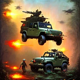 vietnam war. war report. jeep in jungle. poster. bokeh. lens flare. warm lights. high detailed. beksinski