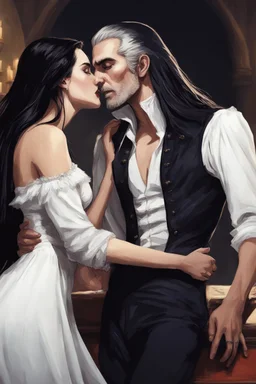 Strahd Von Zarovich being kissed on the neck by a beautiful woman with white hair, wearing an off the shoulder dress. Settling and background are a lavish toomb with an ebony coffin.