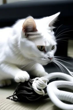 Picture of a white cat playing with solid snake.