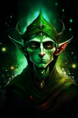 Evil looking elf turning to face you, dark forced background, glowing eyes, hunched over, staring covered in decay, deep shades of green, starry night sky, multicolor, gradient sky