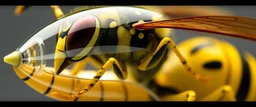 eye tyrant beholderkin wasp, inside full speed aqua hornet patterned double banana transparent space vessel with black and yellow wasp stripes