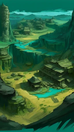 A greenish blue underground mine with a village painted by Zosan