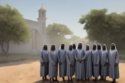 gruppo di belle suore africane con tunica grigia giornata di sole precipizio fuori città , terra