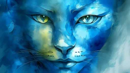 This digital painting features a blue-toned, abstract human face with a serene expression, partially obscured by a blue cat with golden eyes. The background is textured with patches of lighter blue and gray, giving a weathered appearance. The art style is reminiscent of abstract expressionism.