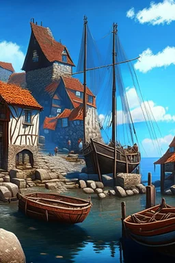 medieval fishing town, rocks, long piers, fishing boats, shops, blue sky