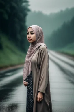 Wanita Indonesia cantik muslimah berdiri di tepi jalan yang sepi saat hujan deras