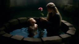 bird's eye view from seen from behind, a young woman with dark blonde long braided hair looks into an villager old stone well, under water a blurred ghostly tiny baby boy face is reflected in the water of the well with withered rose petals, detailed, surreal, sharp focus, high realistic, perfect photo