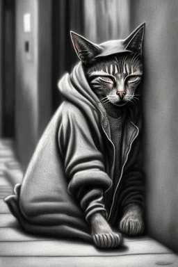 One single mature homeless cat with worn out clothes, sleeping in a corner on the street, Vienna, mourning, model style, hyper realistic, extremely accurate, delicate, extremely detailed, Graphic novel style, wide-angle, open aperture, superfine pencil