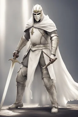 Knight wearing white leather armor and white cape with white face mask, holding a spear