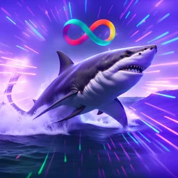 infinity symbol ∞ with vibrant powerful shark jumping out of the sea, striking, neon, chiaroscuro, dramatic, captivating, powerful, fantasy, beautiful, octane render, 16k post-production, artstation: award-winning: atmospheric: commanding: fantastical: clarity: ultra quality: striking: brilliance: stunning colors: amazing depth; lens: f/11, 35mm