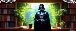 darth vader as a librarian in bright garden , pinhole cam, airbrush 3d rendering, in the style of John Atkinson Grimshaw , torn edges on border