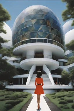 Bernard Tschumi, Katsuhiro Otomo, Surreal, mysterious, strange, fantastical, fantasy, Sci-fi, Japanese anime, architecture, mathematics, philosophy, urban development/design, natural history, physics, numerology, art/literature, industry, technology Dymaxion Dome, miniskirt beautiful girl, perfect voluminous body, detailed masterpiece full colours