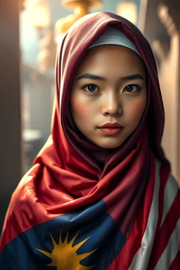 Tilt shift 3d holographic editorial photo, beautiful malaysian muslim girl wearing hijab, dress in merdeka malaysian flag, independent day, full frame, quartz eyes, refraction, diffraction. Gouache, dry brush, chiaroscuro, dramatic lighting, intricate details, scifi fairytale, surrealism, by ilya repin, by mike mignola, highly detailed oil painting, brush strokes, complex composition, Art by J. C. Leyendecker, John Williams Waterhouse, Tom Bagshaw, Maxfield Parrish, Ellen Segn