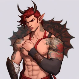 A Young Adult Male. A unique blend of Wood Elf and Red Tiefling features. His handsome face contrasts with the Yakuza dragon tattoos that completly cover his back, arms, and legs. He is wearing a torn coat. A physique that is strong and well-built, resembling a Fighter.