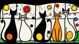 a playful abstract stained glass window in the style of Joan Miró, featuring six minimalist cats made of bold black lines and simplified organic shapes. The composition includes floating eyes, moons, dots, and stars in primary colors — red, yellow, blue — mixed with bright green and black. Each cat is reduced to essential forms: circles, curves, sharp ears, long tails, integrated into a colorful, free-flowing pattern. The stained glass has a modern, light-hearted energy, filled with whimsical sy
