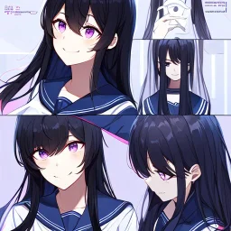 Clear focus,8k,Beatiful Lighting,Beatiful Blur,Beatiful Face,Beatiful Shading,Black long hair,silky hair, long silky bangs, Purple eyes, wearing a sailor uniform outfit, Hair in eyes, lot of hair, Line art, Happy, Smiling