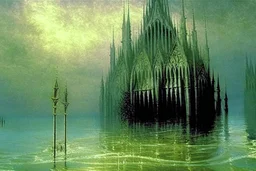 Flooded gothic cathedrals on a lake by artist "Piranesi" by artist "Turner" by artist "Leonora Carrington" by artist "John Atkinson Grimshaw"