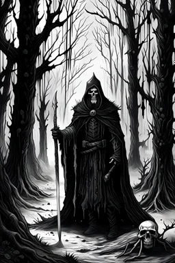 Dark fantasy gothic old ink art a 20 years old dark satanic wizard with sword and corpse paint, black clothes in a cold forest