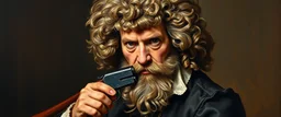 master oil painting by Rembrandt, shotgun mozart with wig, looking mean and crazy