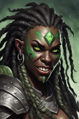 dungeons and dragons character portrait of a beast human female warrior with black skin, dreadlocks, big fangs and green eyes.