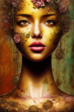 an abstract painting of rusted metal and flowers,beautiful girl portrait, rust, scaffolding, iron cladding, decay, mixed media, textured, anatomically correct, beautiful perfect face, sharp focus, highly detailed