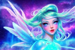 a fairy cosmic girl in love with armonic face and sweet blu eyes in a cosmic landscape with blue grass with magic lake, sky with light and stars. blu laser in the skay.