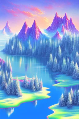 mountain with strawberry ice-cream on top, lake, trees, mystical, Post-painterly abstraction