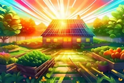 Vector. Illustration. realistic, Digital painting. small english greenhouse in vegetable garden, raised vegetable beds, sunshine, rainbow in sky