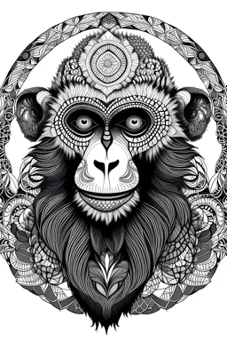 mandala Baboon: black and white with white background.